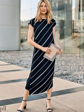 J. Jill Navy & White Stripe Wearever Stretch Midi Dress Women's Size Medium